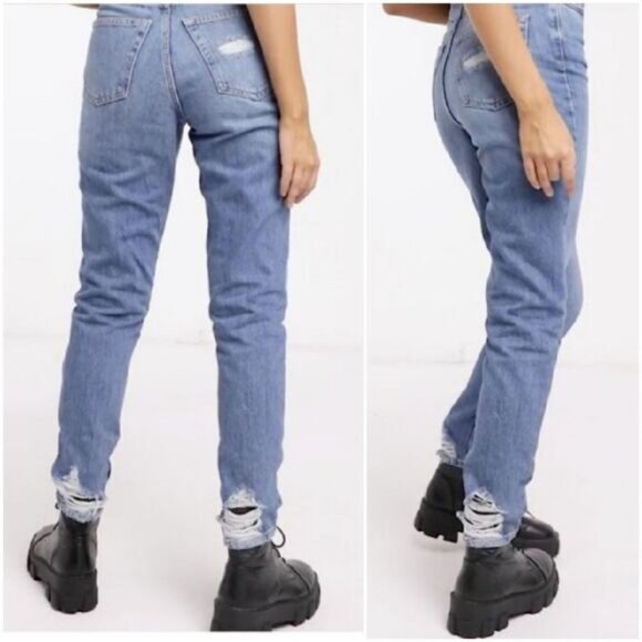 TOPSHOP | Mom Jean High Rise Distressed Blue Mid Wash Sz 25 Flawed - Picture 2 of 14